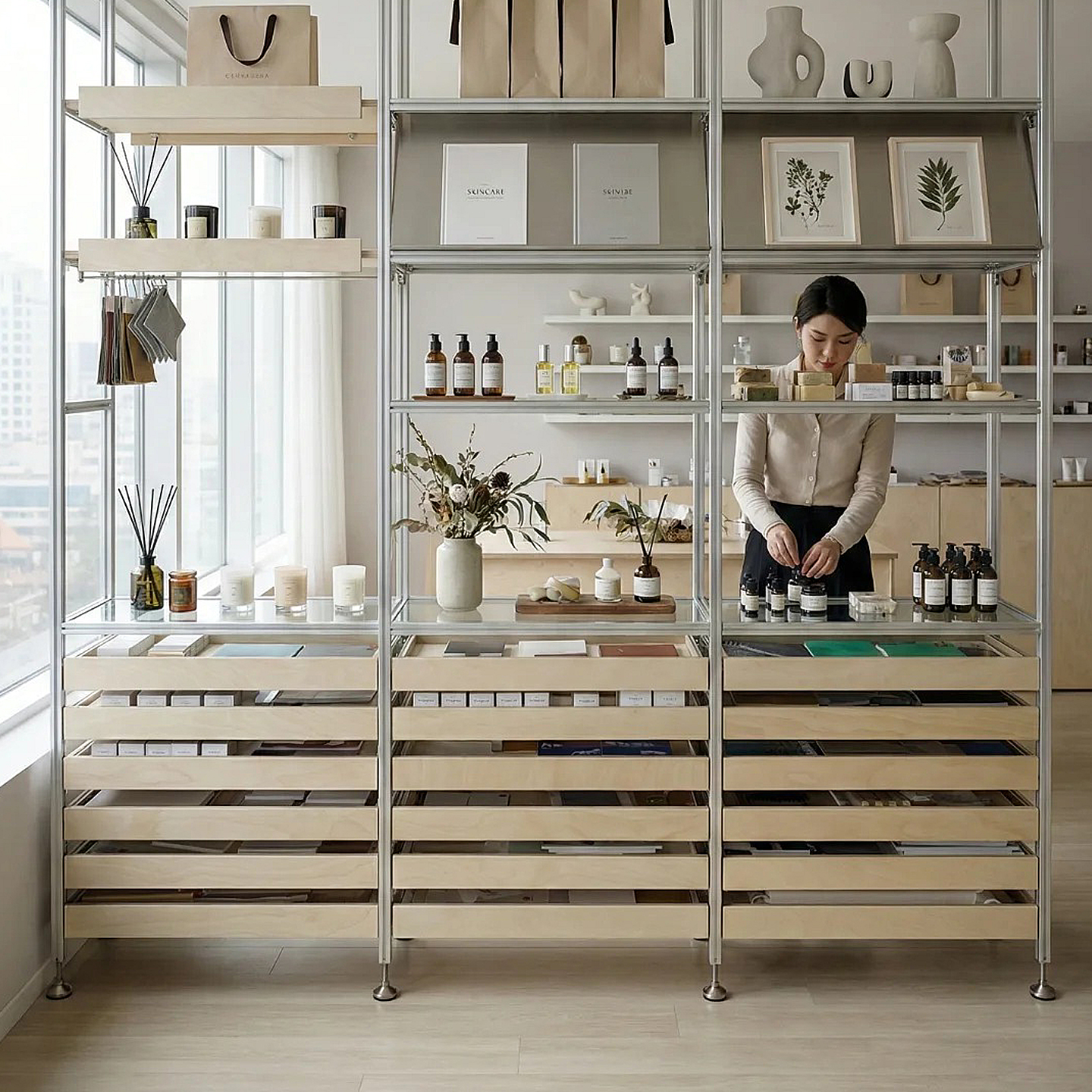 Custom Size Tall Open Display Shelving Aluminum Structure Rack with Slanted Back Panel and Wooden Shelves