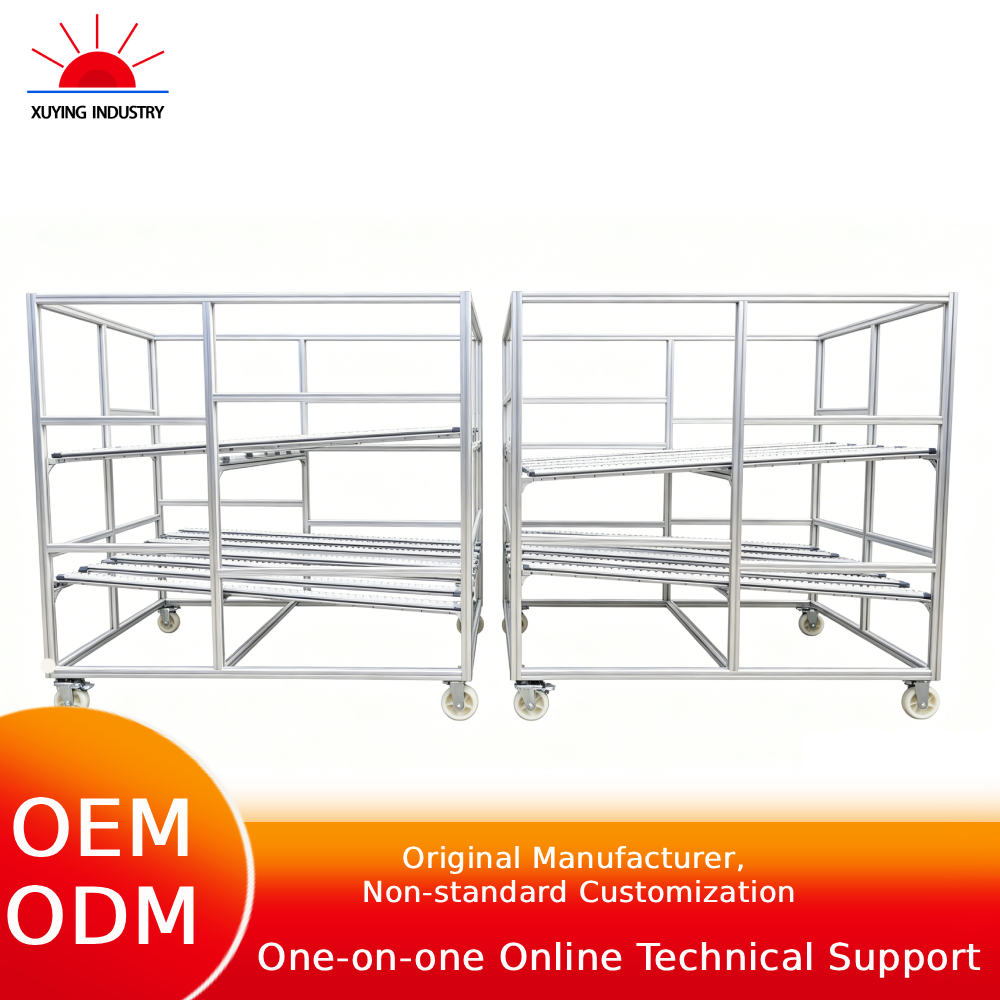 Factory Customized Industrial Aluminum Profile Flow Rack Mobile FIFO Roller Track Shelving Cart With Casters