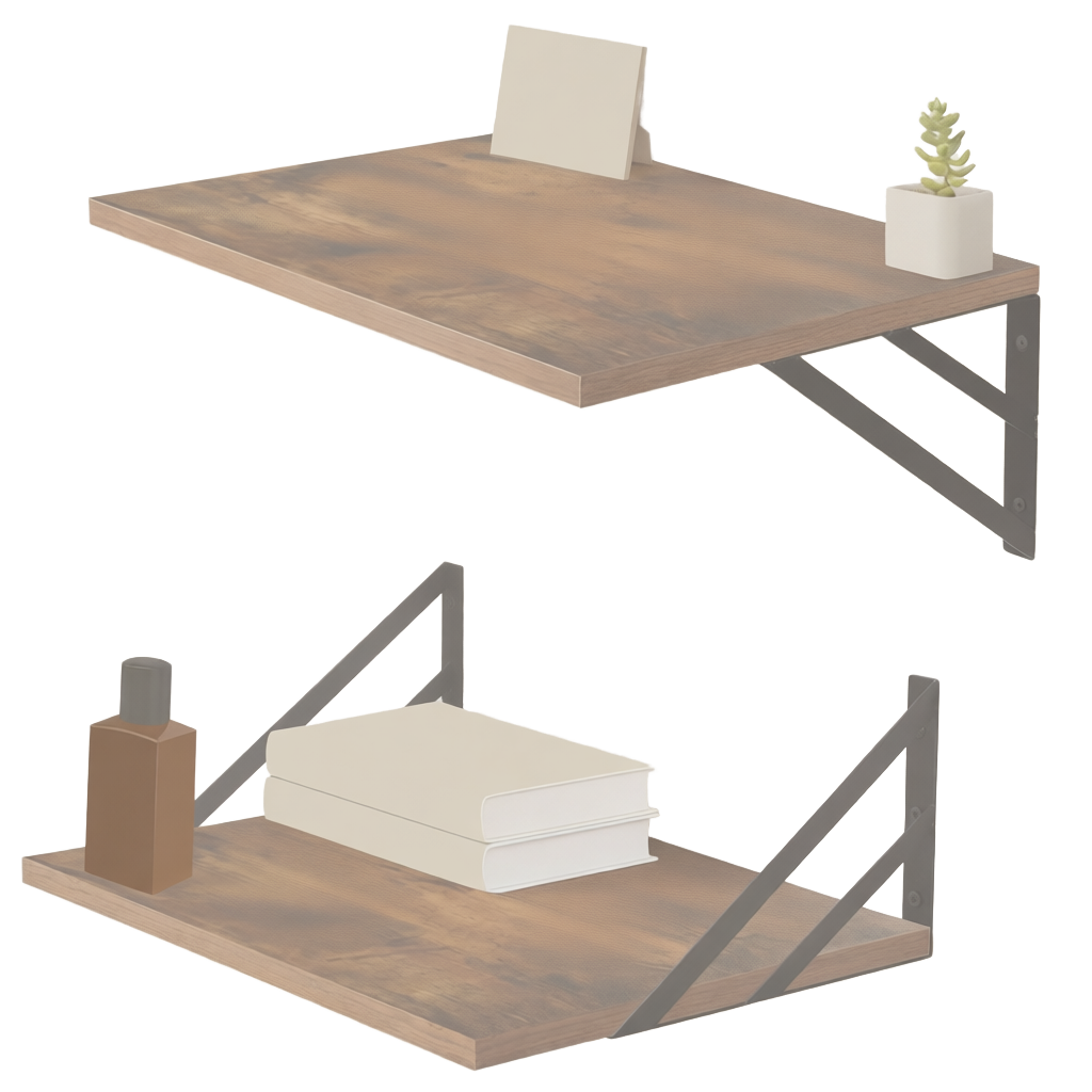 Rustic Wood Wall Mount Floating Shelves with Black Triangle Metal Brackets, Industrial Display Storage Wall Shelf for Home Decor