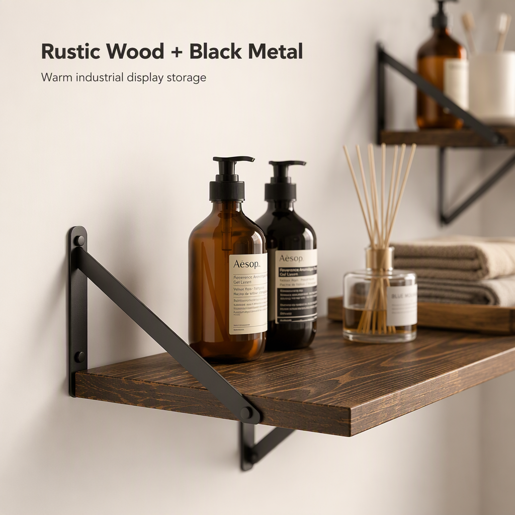 Rustic Wood Wall Mount Floating Shelves with Black Triangle Metal Brackets, Industrial Display Storage Wall Shelf for Home Decor