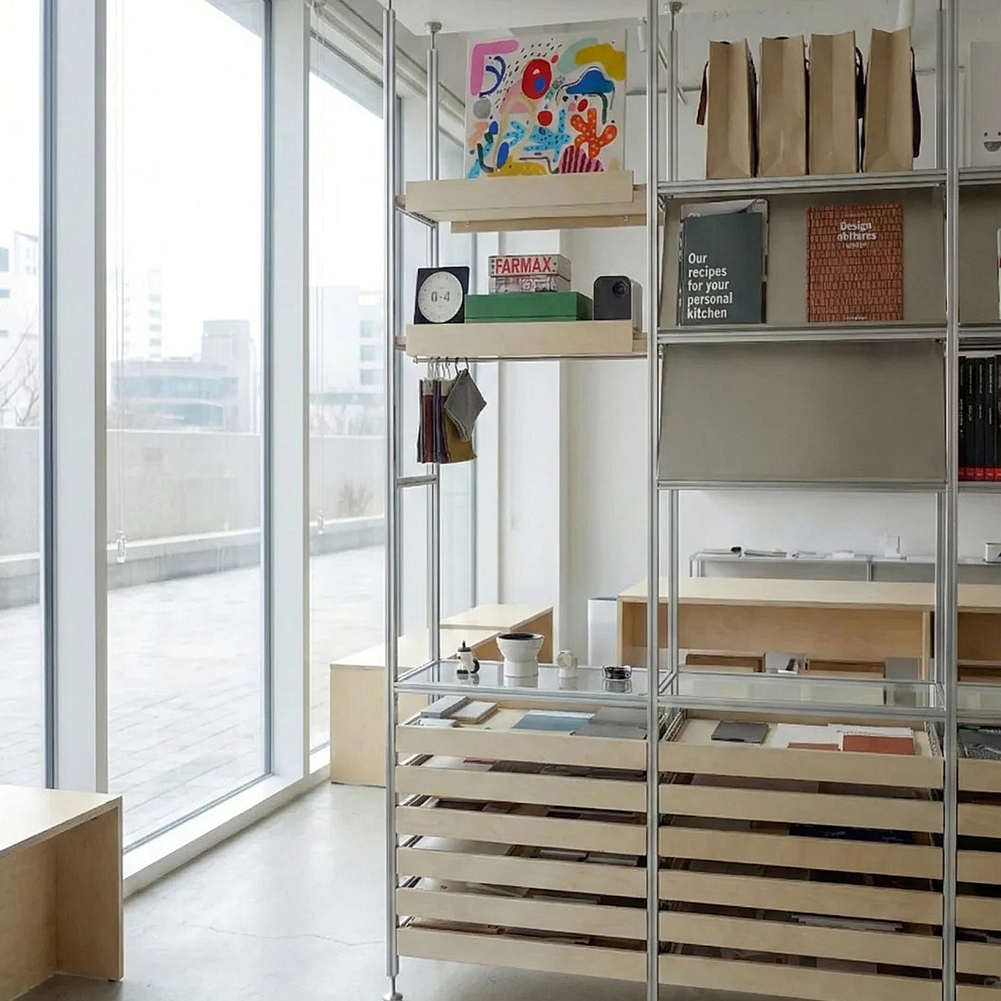 Custom Size Tall Open Display Shelving Aluminum Structure Rack with Slanted Back Panel and Wooden Shelves