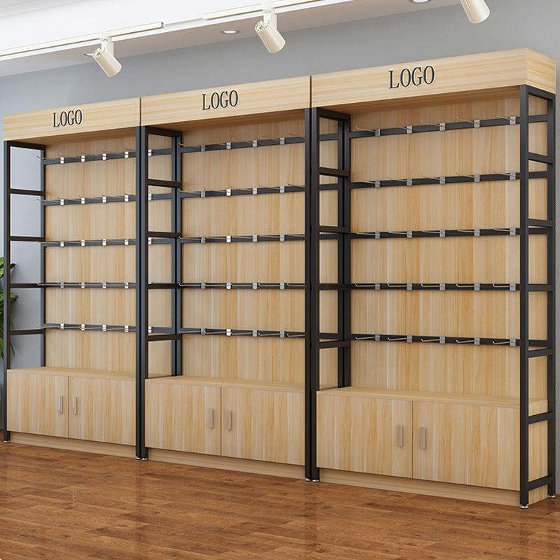 Wall Mount Freestanding Slatwall Display Cabinet With Retail Display Custom Shelves Hanging Rail Store Interior Decoration