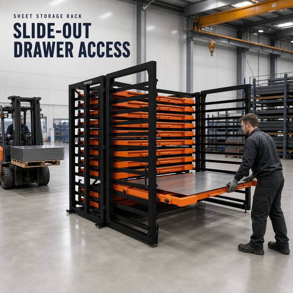 Roll Out Rack Heavy Duty Storage Rack for Sheet Metal Plate Warehouse Drawer Type Pull Out Racking System for Factory