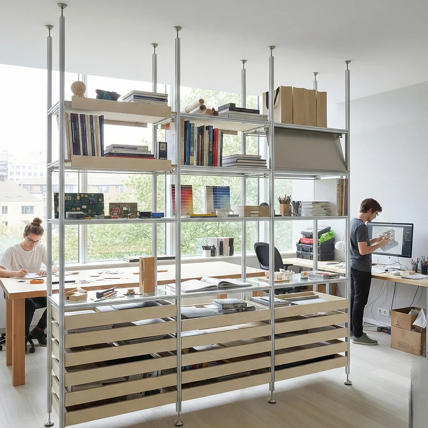 Custom Size Tall Open Display Shelving Aluminum Structure Rack with Slanted Back Panel and Wooden Shelves
