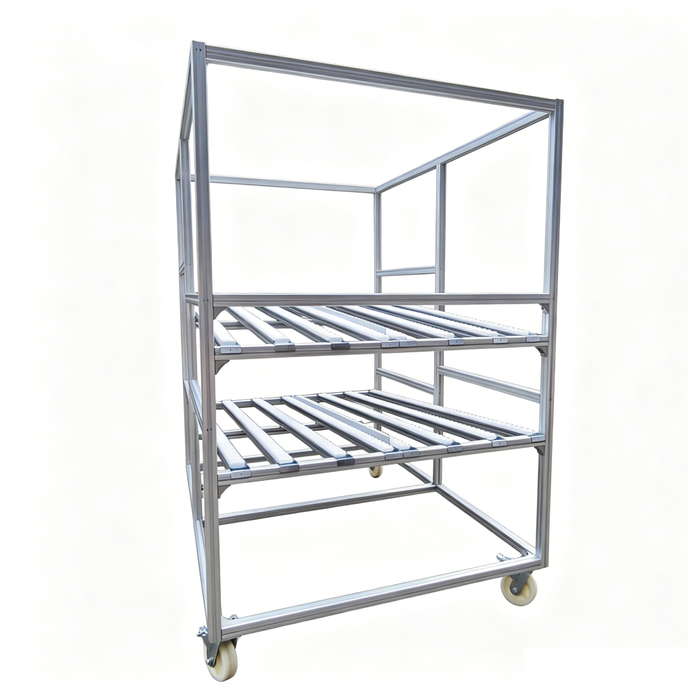 Factory Customized Industrial Aluminum Profile Flow Rack Mobile FIFO Roller Track Shelving Cart With Casters