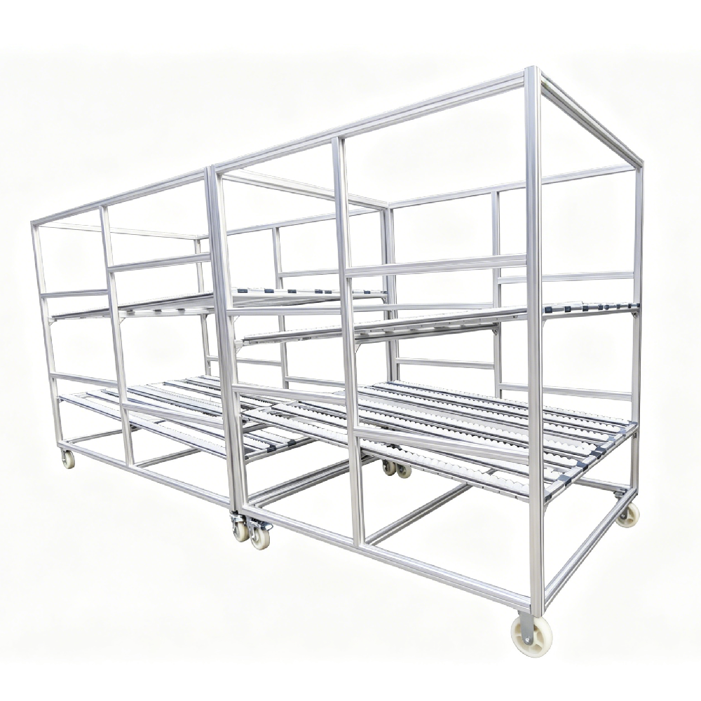 Factory Customized Industrial Aluminum Profile Flow Rack Mobile FIFO Roller Track Shelving Cart With Casters