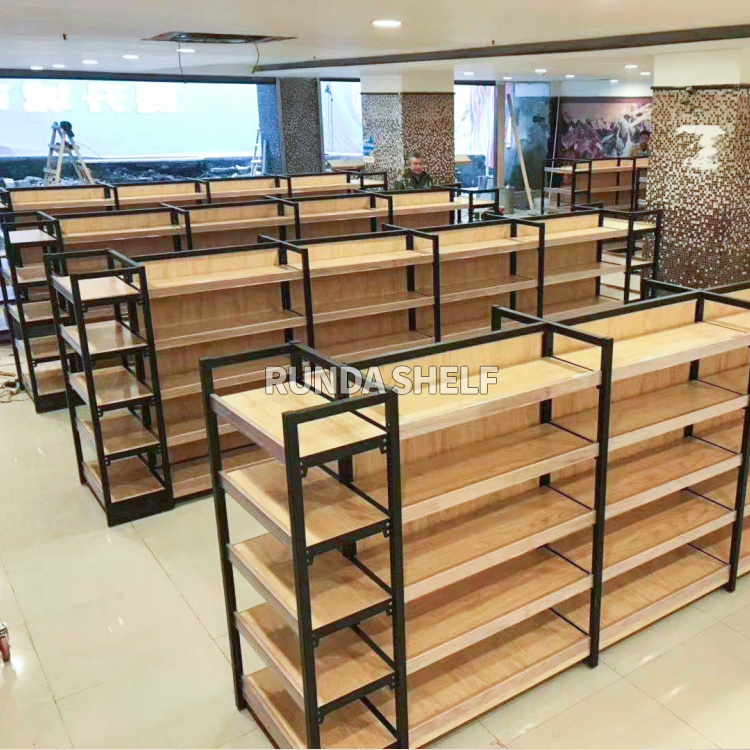 Runda Display Gondola Shelving/Rack for Retail Supermarket Steel Wood Shelves Metal Storage Rack