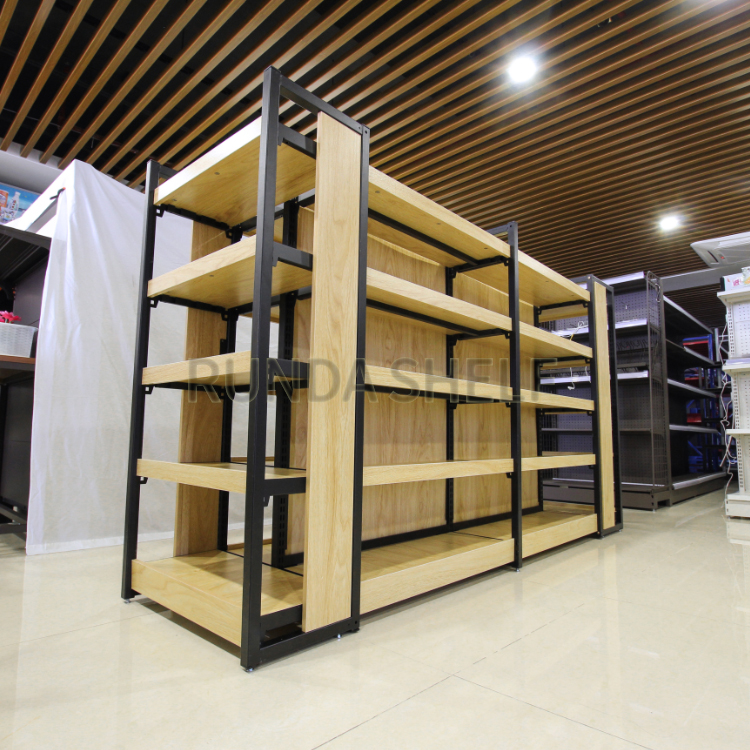 Runda Display Gondola Shelving/Rack for Retail Supermarket Steel Wood Shelves Metal Storage Rack