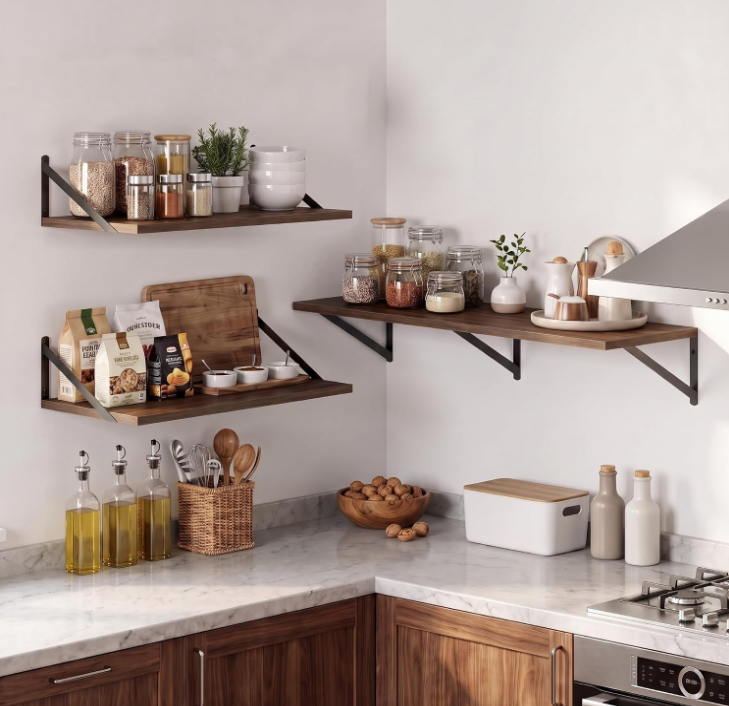 Rustic Wood Wall Mount Floating Shelves with Black Triangle Metal Brackets, Industrial Display Storage Wall Shelf for Home Decor
