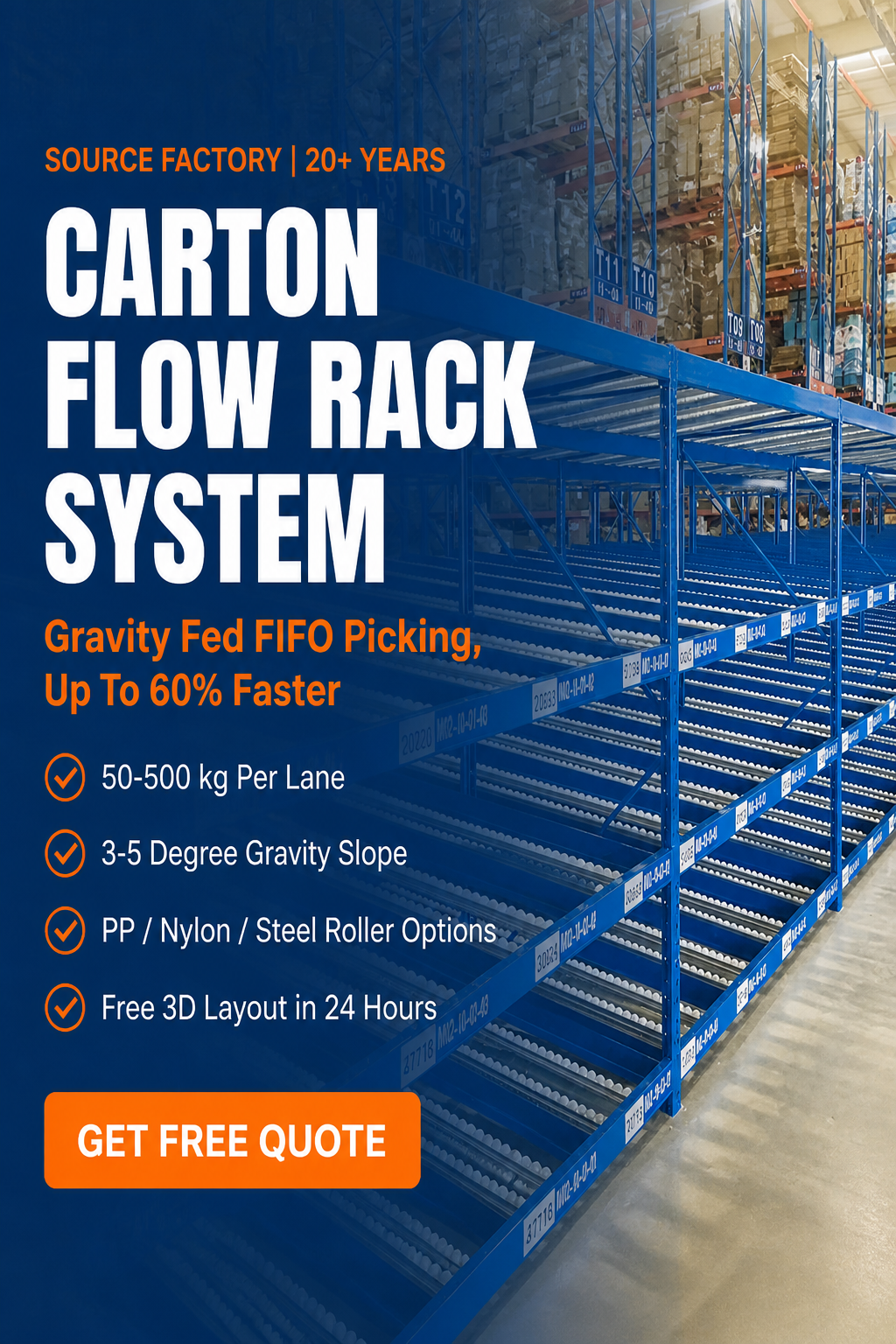 Warehouse Flow Rack Carton Gravity Roller FIFO Storage Racking System Heavy Duty Industrial OEM Custom Dynamic Metal Anti-Rust