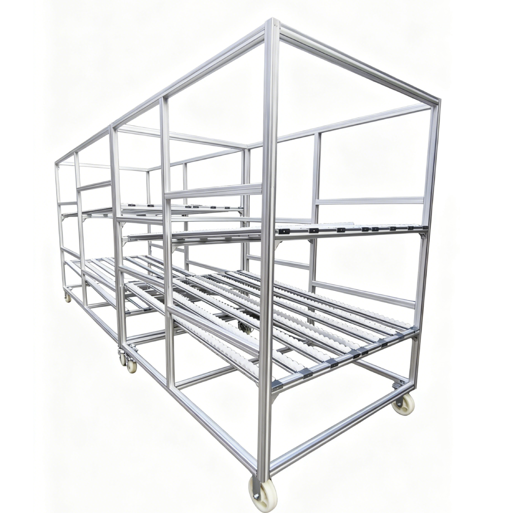 Factory Customized Industrial Aluminum Profile Flow Rack Mobile FIFO Roller Track Shelving Cart With Casters