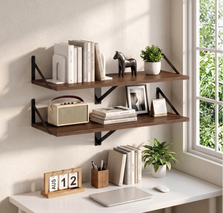 Rustic Wood Wall Mount Floating Shelves with Black Triangle Metal Brackets, Industrial Display Storage Wall Shelf for Home Decor