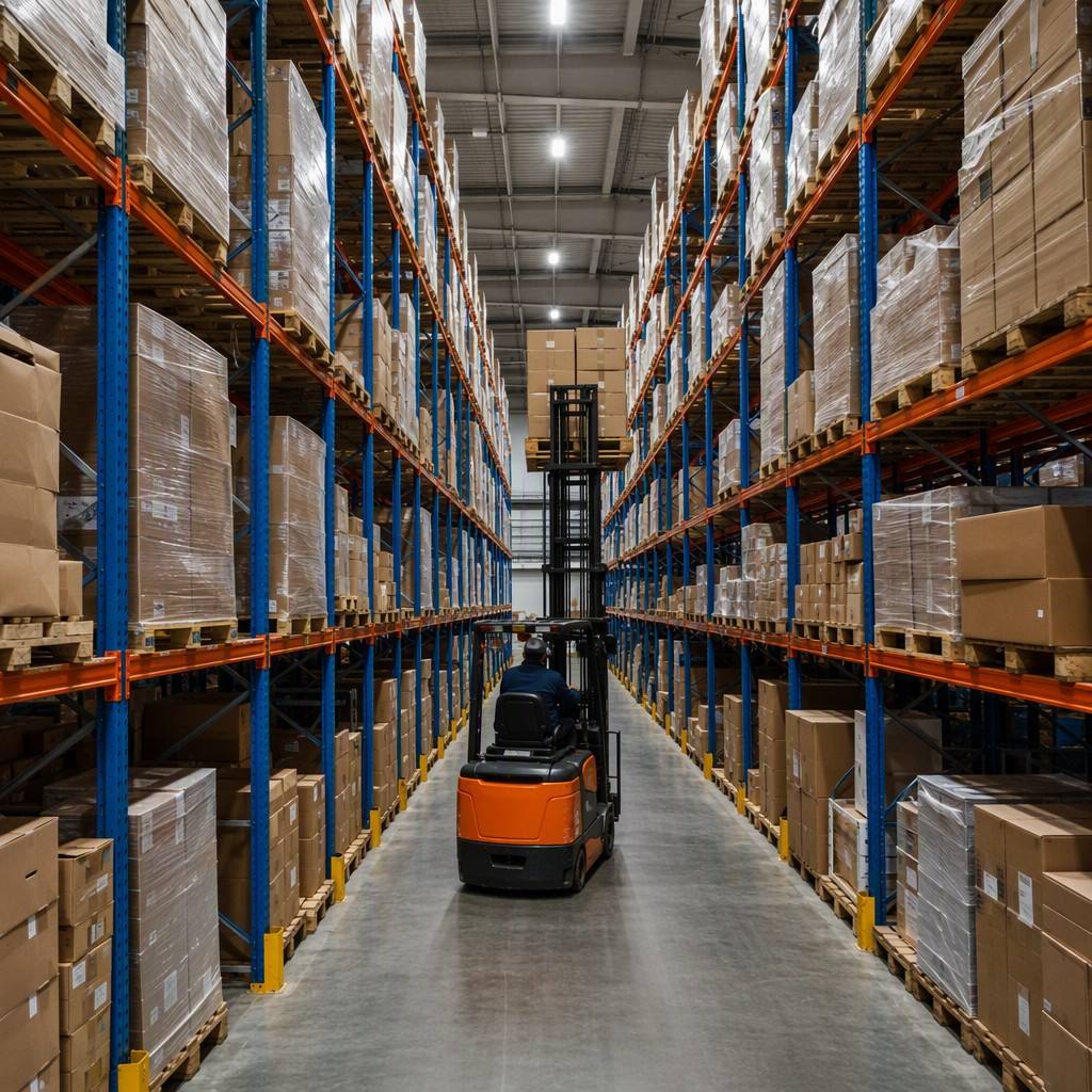 Heavy Duty Pallet Rack Back to Back Double Entry Row with Safety Guardrails for E-commerce Fulfillment Center Storage