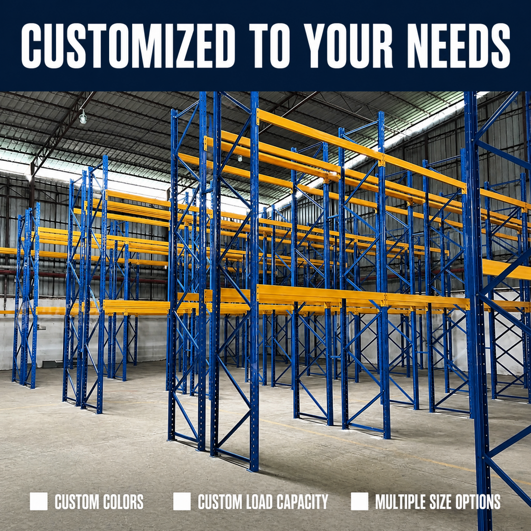 Heavy Duty Pallet Rack Back to Back Double Entry Row with Safety Guardrails for E-commerce Fulfillment Center Storage