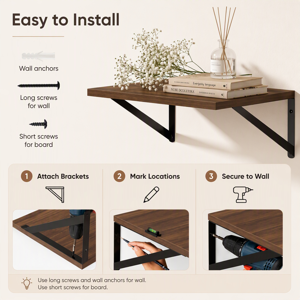Rustic Wood Wall Mount Floating Shelves with Black Triangle Metal Brackets, Industrial Display Storage Wall Shelf for Home Decor