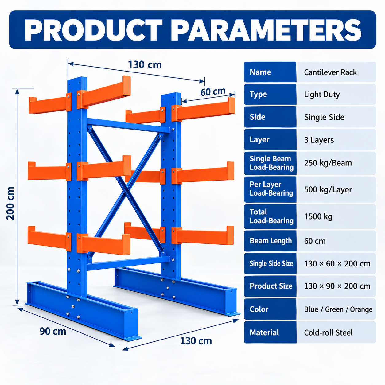 500kg Load Capacity Heavy Duty Cantilever Racking System Steel Long Arm Double-Sided Multi-Level Corrosion Metal Rack