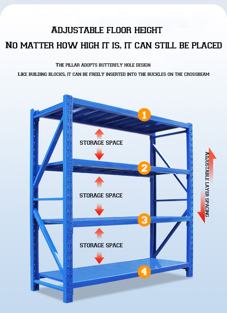 Guijie High Load Capacity 4-Layer Drive-Through Steel Warehouse Rack Powder Coated Finish Adjustable Corrosion Protected Shelves