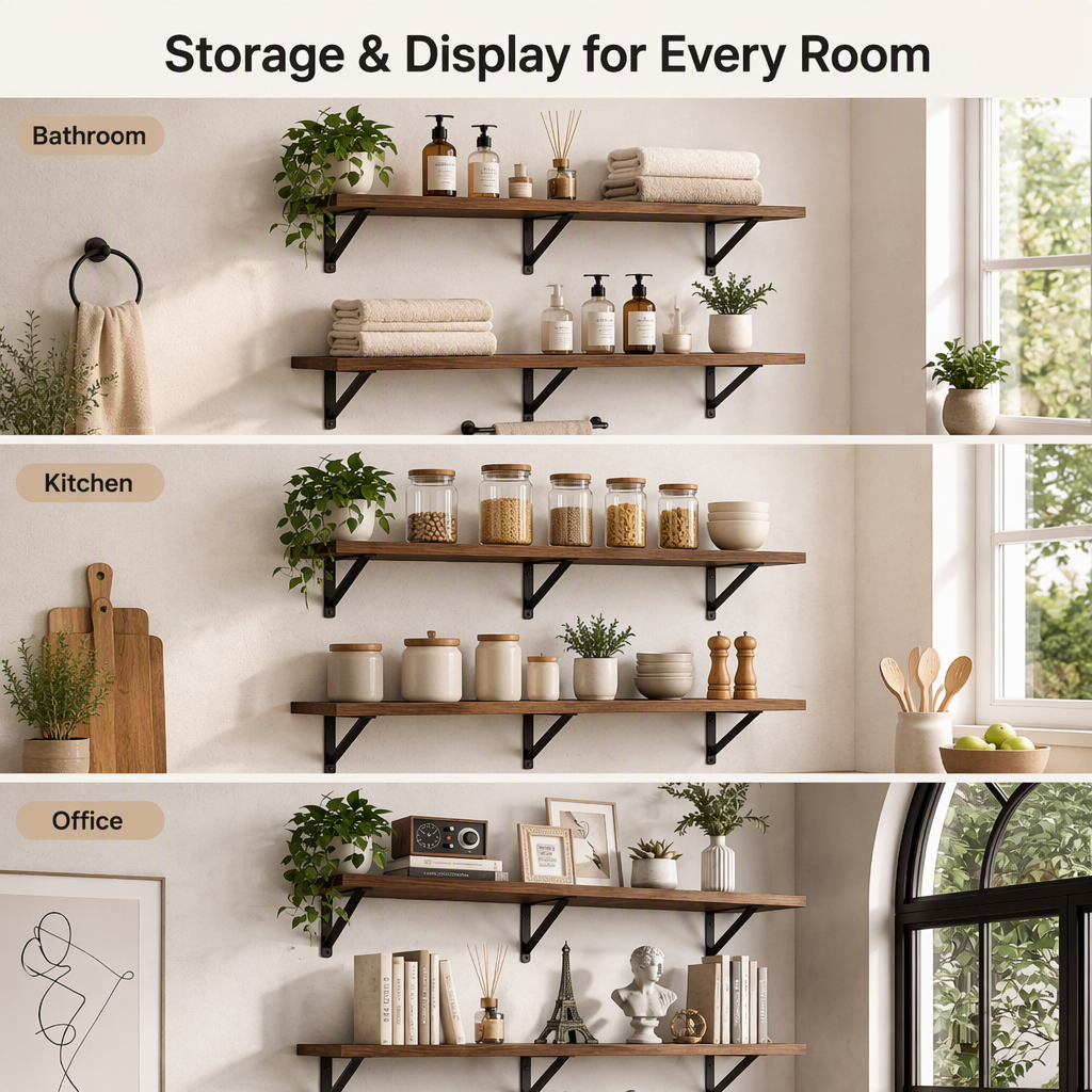 Rustic Wood Wall Mount Floating Shelves with Black Triangle Metal Brackets, Industrial Display Storage Wall Shelf for Home Decor