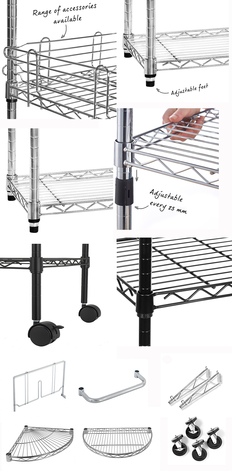 NSF & ISO Certified Chrome Plated Six Layers Mobile Garage Metal Wire Shelving Shelf