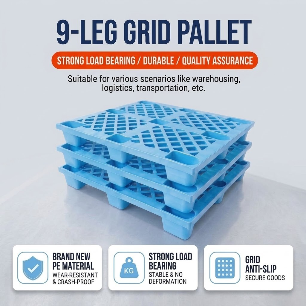Lightweight Nestable HDPE Grid Nine-Leg Plastic Pallet 1200x1000mm Static Load 1T Industrial 4-Way Entry Warehouse Logistics