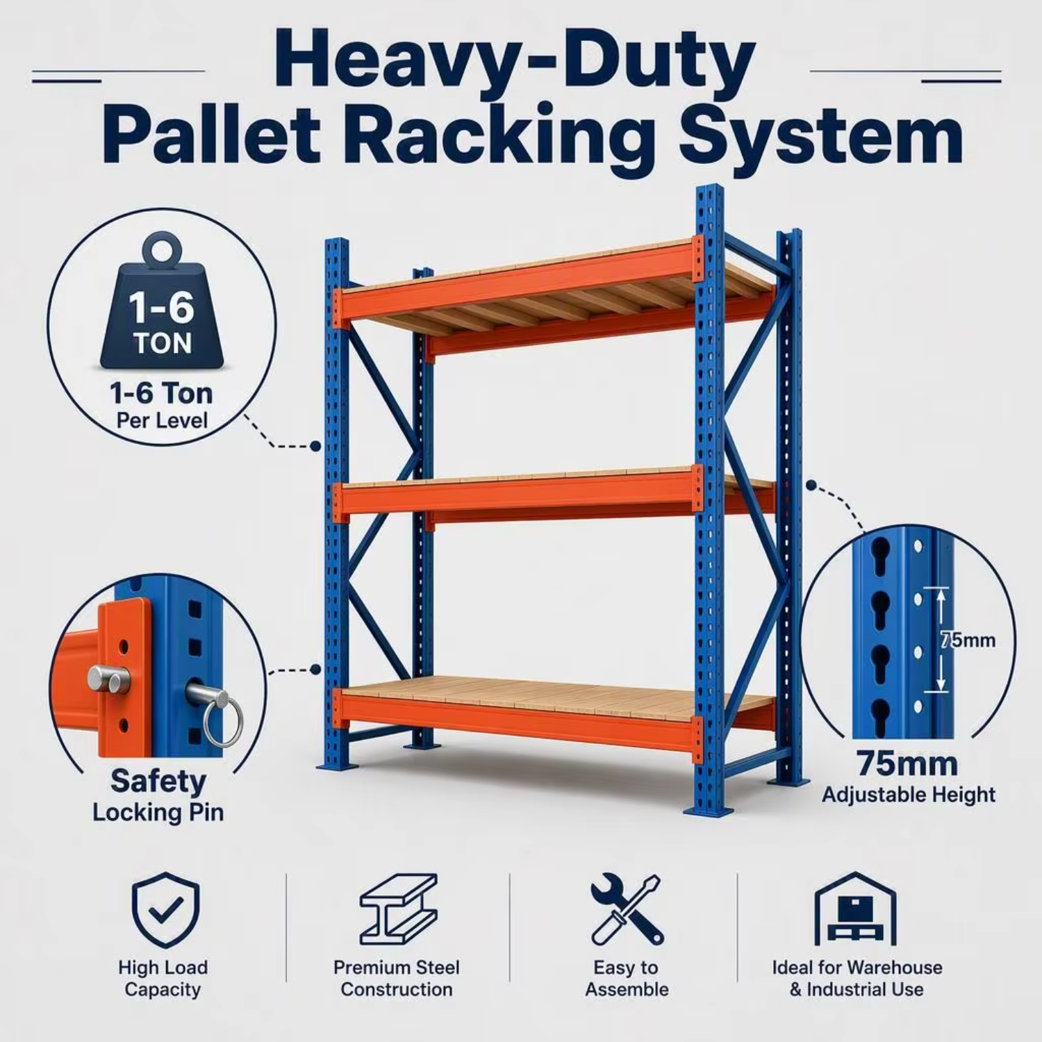 Heavy Duty Pallet Rack Back to Back Double Entry Row with Safety Guardrails for E-commerce Fulfillment Center Storage