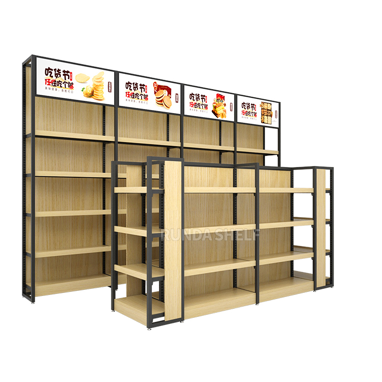 Runda Display Gondola Shelving/Rack for Retail Supermarket Steel Wood Shelves Metal Storage Rack