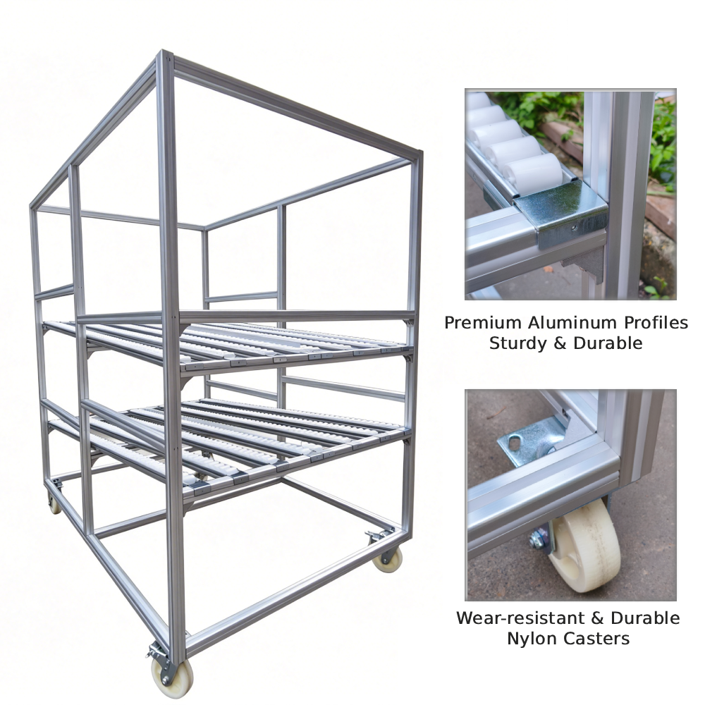Factory Customized Industrial Aluminum Profile Flow Rack Mobile FIFO Roller Track Shelving Cart With Casters