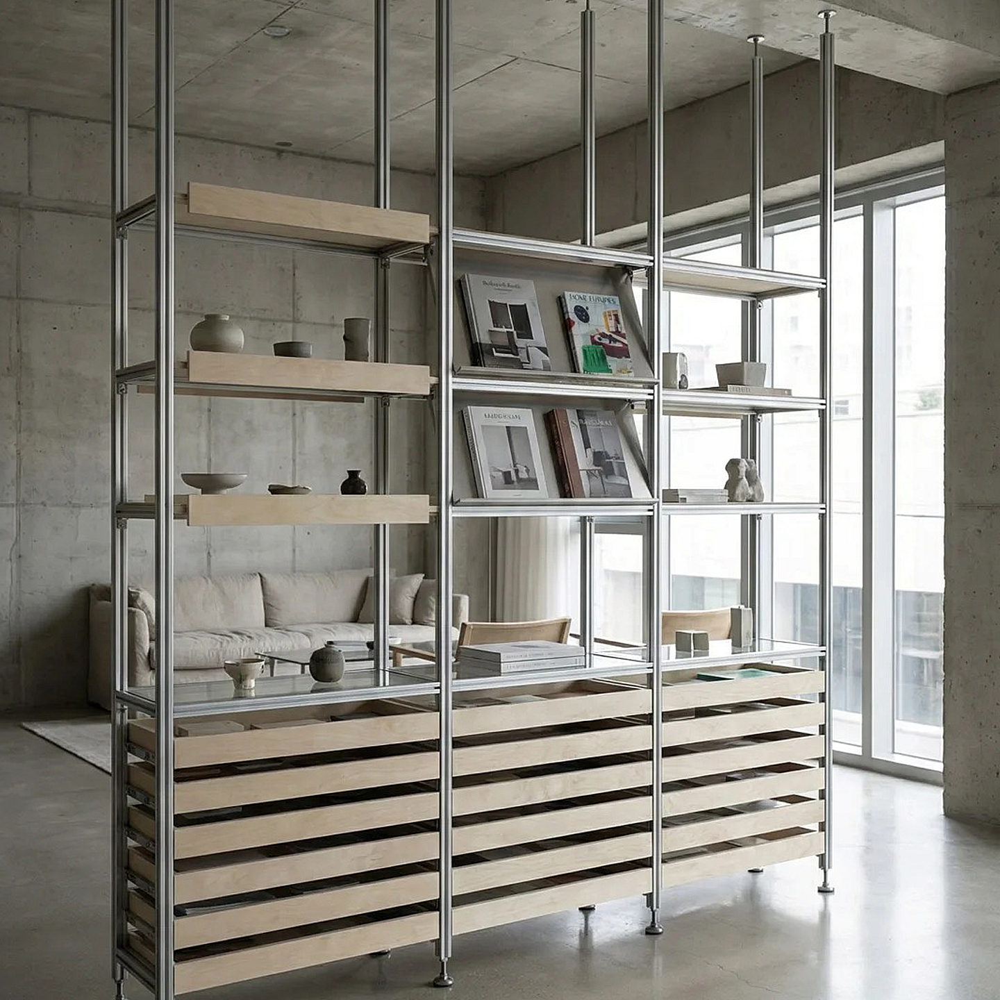 Custom Size Tall Open Display Shelving Aluminum Structure Rack with Slanted Back Panel and Wooden Shelves