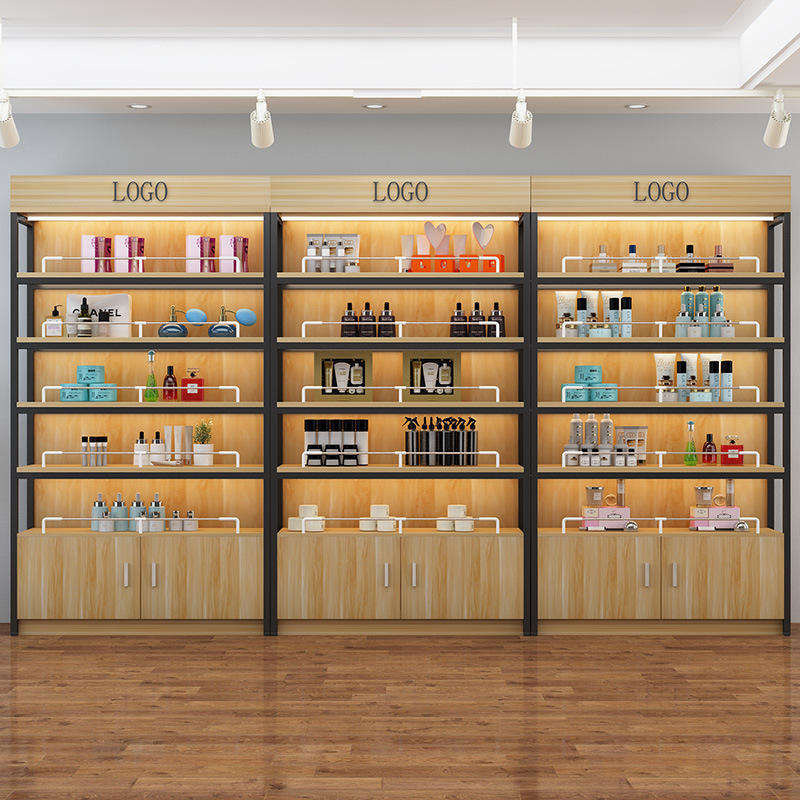 Wall Mount Freestanding Slatwall Display Cabinet With Retail Display Custom Shelves Hanging Rail Store Interior Decoration
