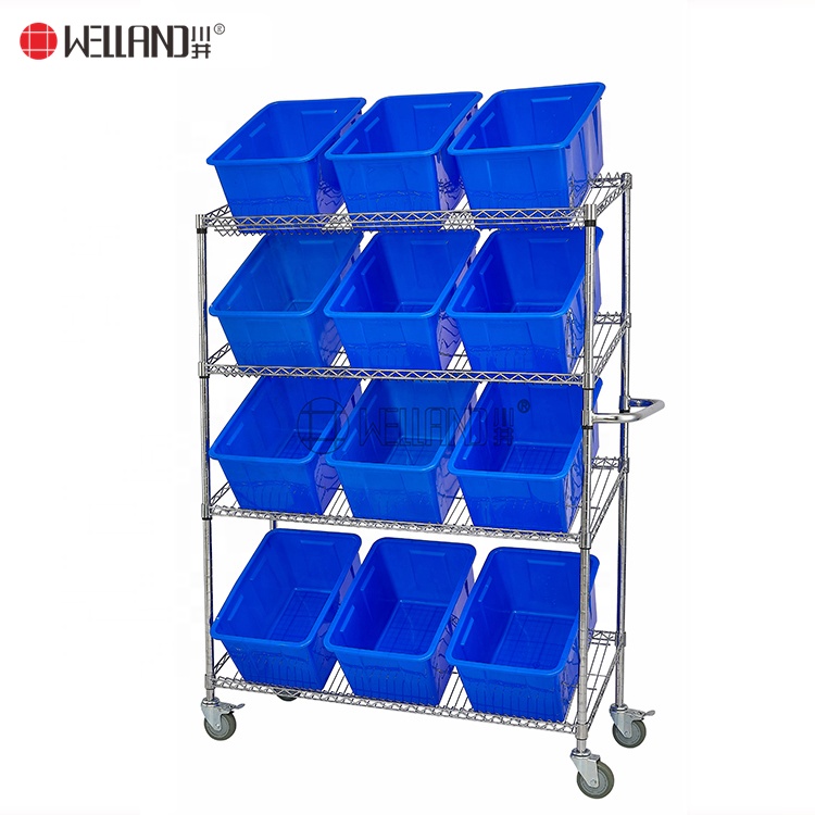 Utility Commercial Garage Slanted Order Picking Shelving Cart Trolley, NSF Factory Warehouse Wire Shelf Bin Organizers